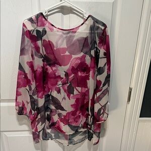New York & Company Pink and Black Floral Blouse